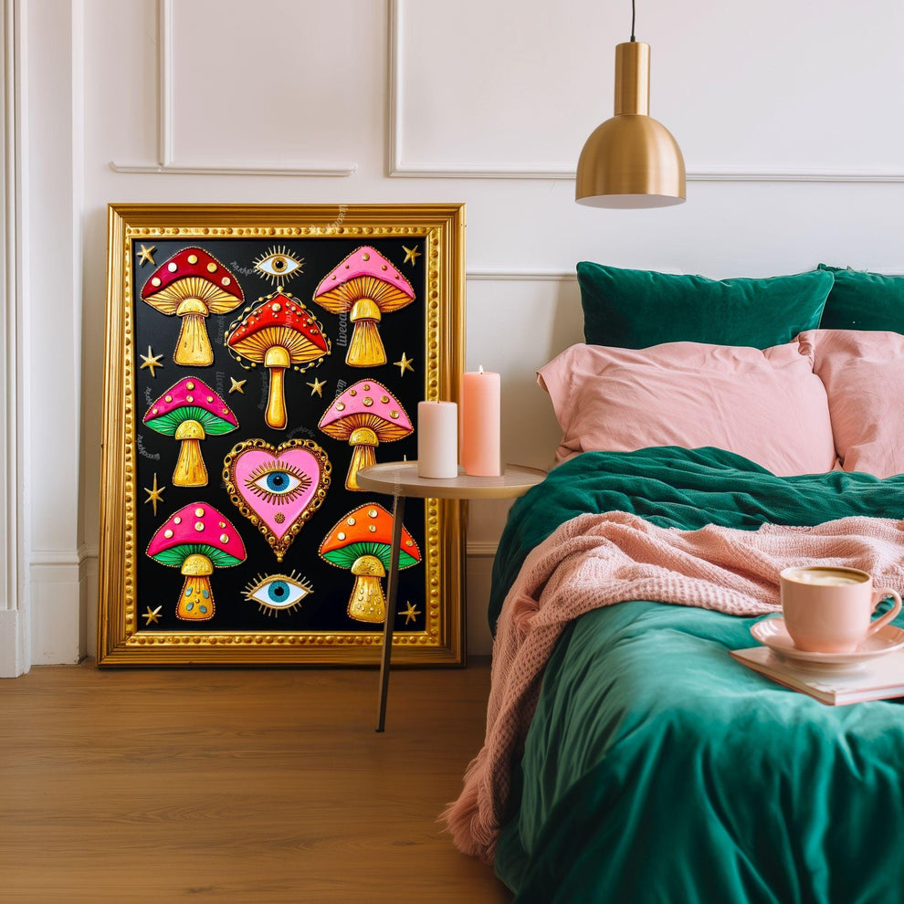 Surreal Mushrooms Wall Art - Psychedelic Maximalist Decor For Bedroom or Boho Living Room