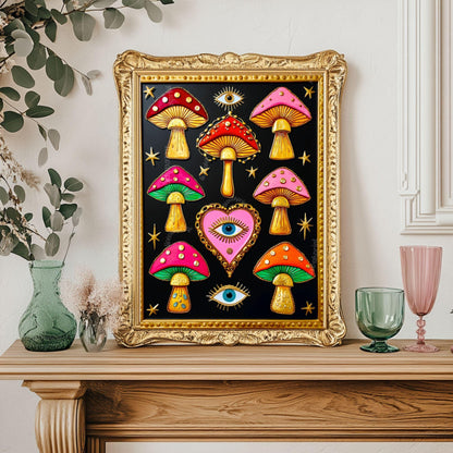 Surreal Mushrooms Wall Art - Psychedelic Maximalist Decor For Bedroom or Boho Living Room