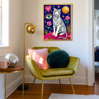 Magic White Tiger Art Print - Mystical Jungle Wall Art Whimsical Big Cat Poster Pink & Modern Maximalist Decor Psychedelic Wall Art