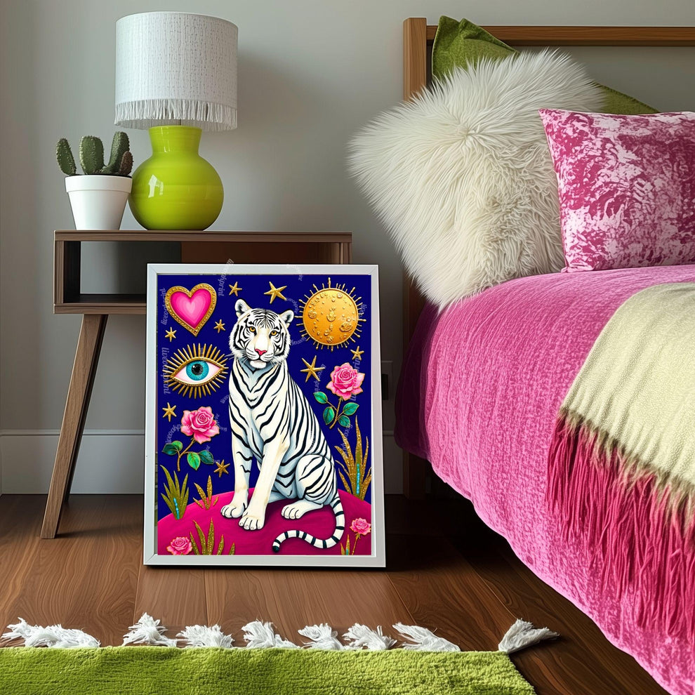 Magic White Tiger Art Print - Mystical Jungle Wall Art Whimsical Big Cat Poster Pink & Modern Maximalist Decor Psychedelic Wall Art