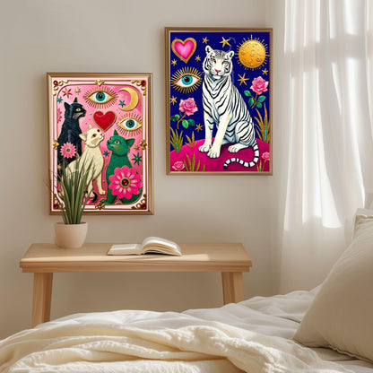 Magic White Tiger Art Print - Mystical Jungle Wall Art Whimsical Big Cat Poster Pink & Modern Maximalist Decor Psychedelic Wall Art