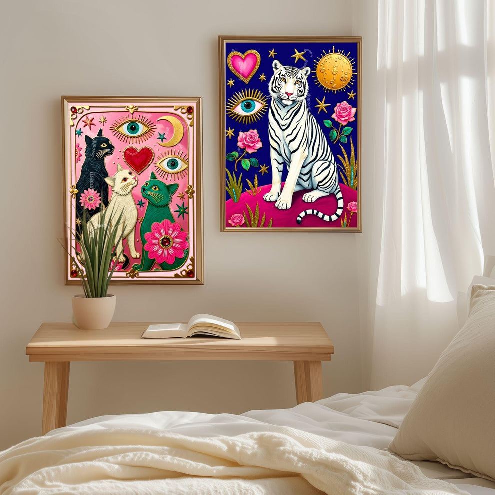 Magic White Tiger Art Print - Mystical Jungle Wall Art Whimsical Big Cat Poster Pink & Modern Maximalist Decor Psychedelic Wall Art