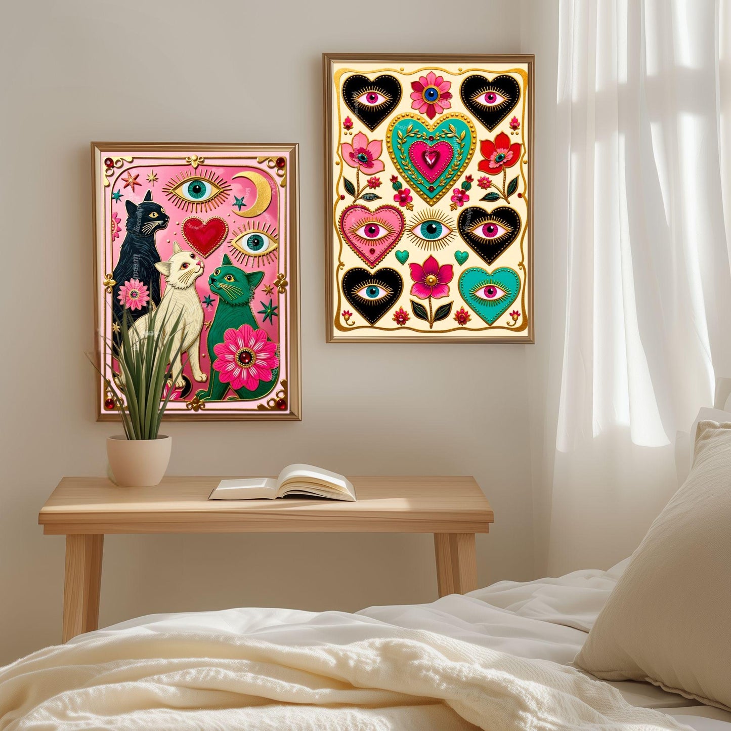 Magic Hearts and Eyes - Light Cream Boho Modern Maximalist Decor Psychedelic Wall Art