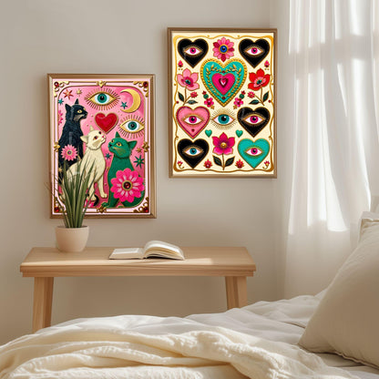 Magic Hearts and Eyes - Light Cream Boho Modern Maximalist Decor Psychedelic Wall Art
