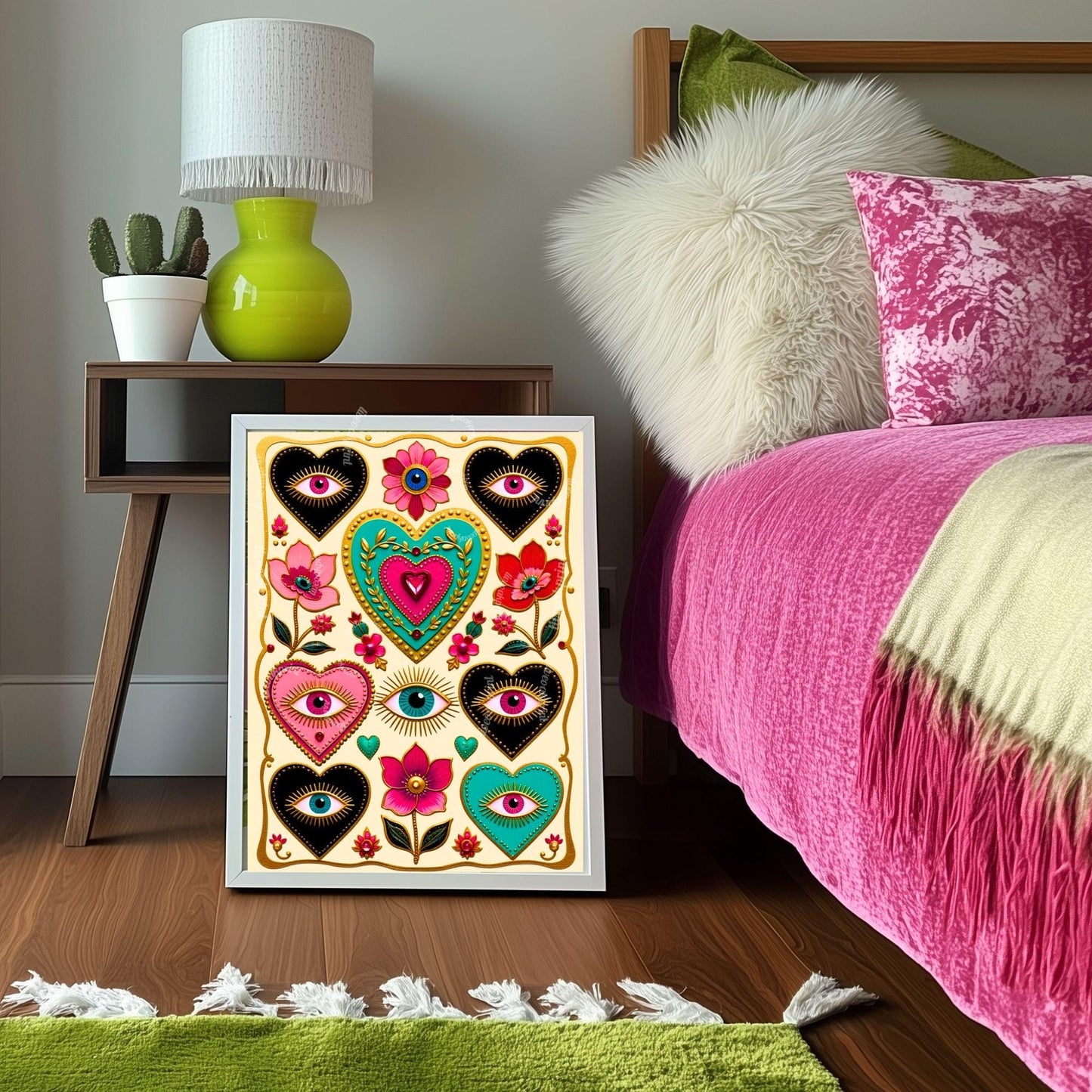 Magic Hearts and Eyes - Light Cream Boho Modern Maximalist Decor Psychedelic Wall Art
