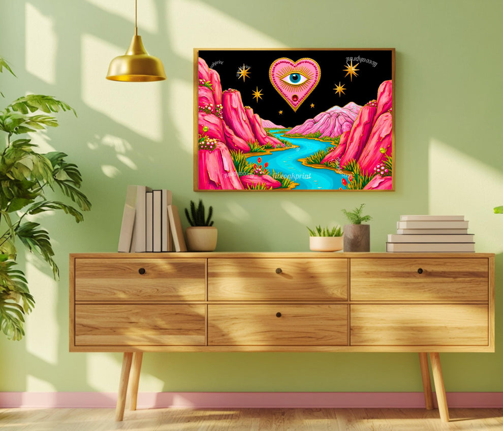 Magical Mountains Art Print - Evil Eye Wall Art Pink Maximalist Poster Whimsical Collage Decor Modern Boho Art