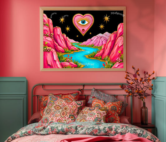 Magical Mountains Art Print - Evil Eye Wall Art Pink Maximalist Poster Whimsical Collage Decor Modern Boho Art