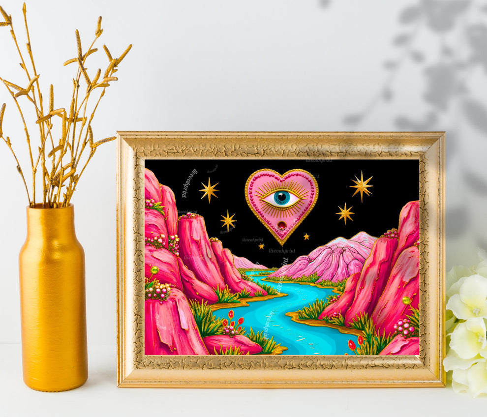 Magical Mountains Art Print - Evil Eye Wall Art Pink Maximalist Poster Whimsical Collage Decor Modern Boho Art