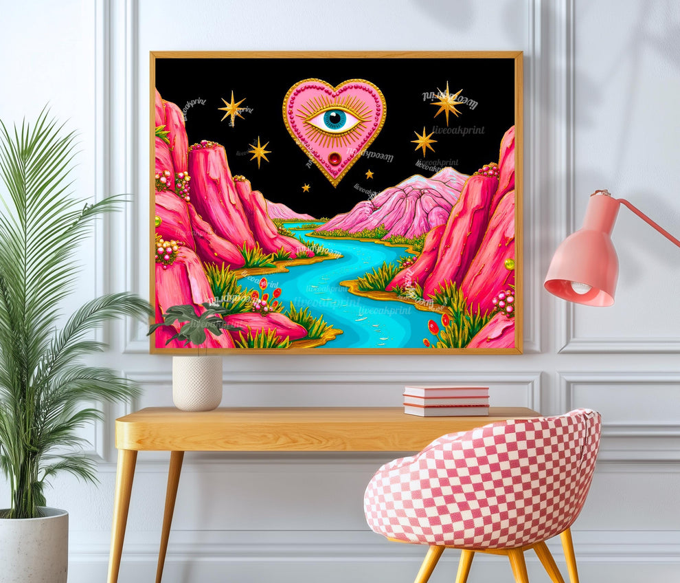Magical Mountains Art Print - Evil Eye Wall Art Pink Maximalist Poster Whimsical Collage Decor Modern Boho Art
