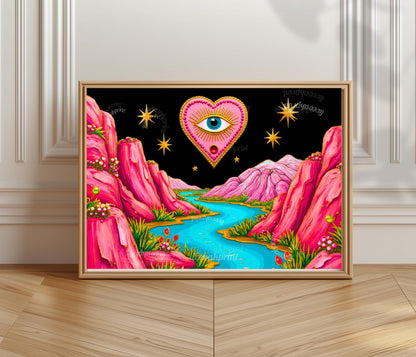 Magical Mountains Art Print - Evil Eye Wall Art Pink Maximalist Poster Whimsical Collage Decor Modern Boho Art