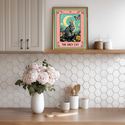 Gray Cat Tarot Card – Gray Cat Wall Decor Witchy Botanical Cat Poster Boho Cat Lover Gift Gray Cat Gift