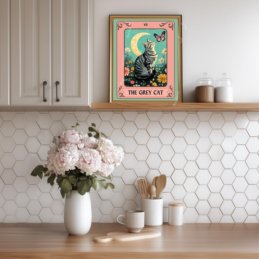 Gray Cat Tarot Card – Gray Cat Wall Decor Witchy Botanical Cat Poster Boho Cat Lover Gift Gray Cat Gift