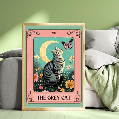 Gray Cat Tarot Card – Gray Cat Wall Decor Witchy Botanical Cat Poster Boho Cat Lover Gift Gray Cat Gift