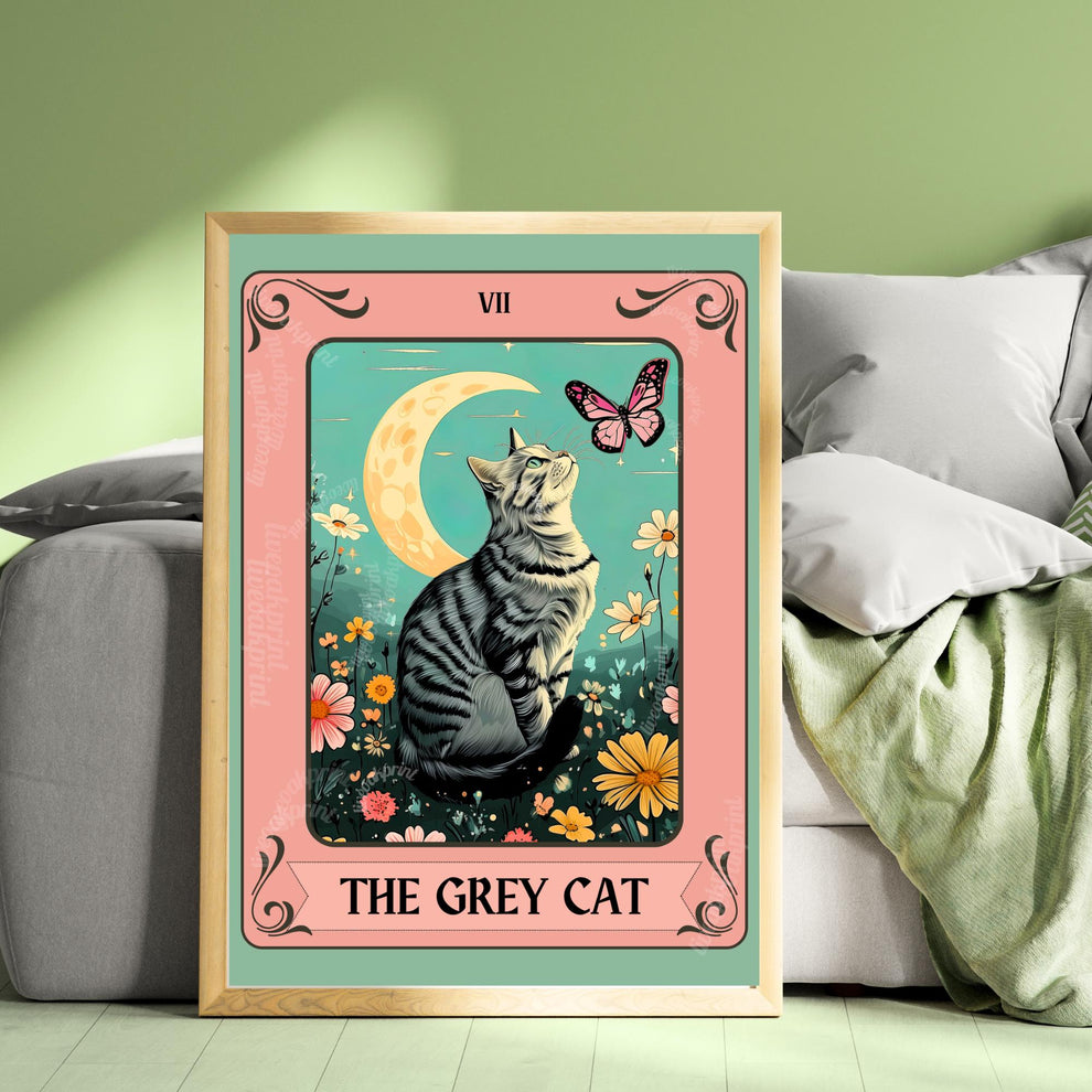 Gray Cat Tarot Card – Gray Cat Wall Decor Witchy Botanical Cat Poster Boho Cat Lover Gift Gray Cat Gift