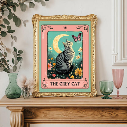 Gray Cat Tarot Card – Gray Cat Wall Decor Witchy Botanical Cat Poster Boho Cat Lover Gift Gray Cat Gift