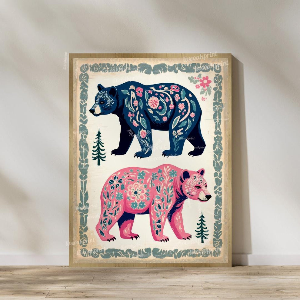 Modern Boho Bears Two Art Print Set - Bear Wall Art for Cabin or Rental Canvas Unframed or Framed