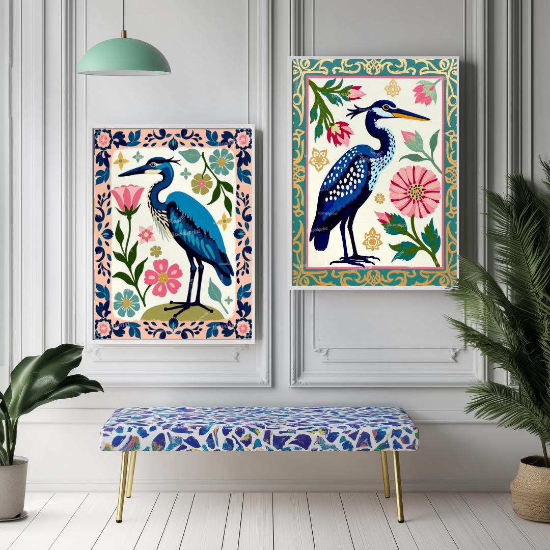 Cranes Wall Art Two Art Print Set - Blue Heron Wall Art Set of Two Canvas Framed or Unframed Boho Modern Japandi Prints