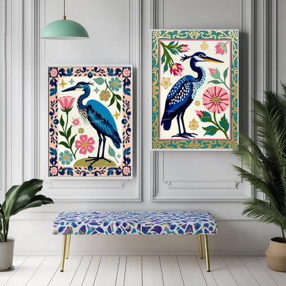 Cranes Wall Art Two Art Print Set - Blue Heron Wall Art Set of Two Canvas Framed or Unframed Boho Modern Japandi Prints