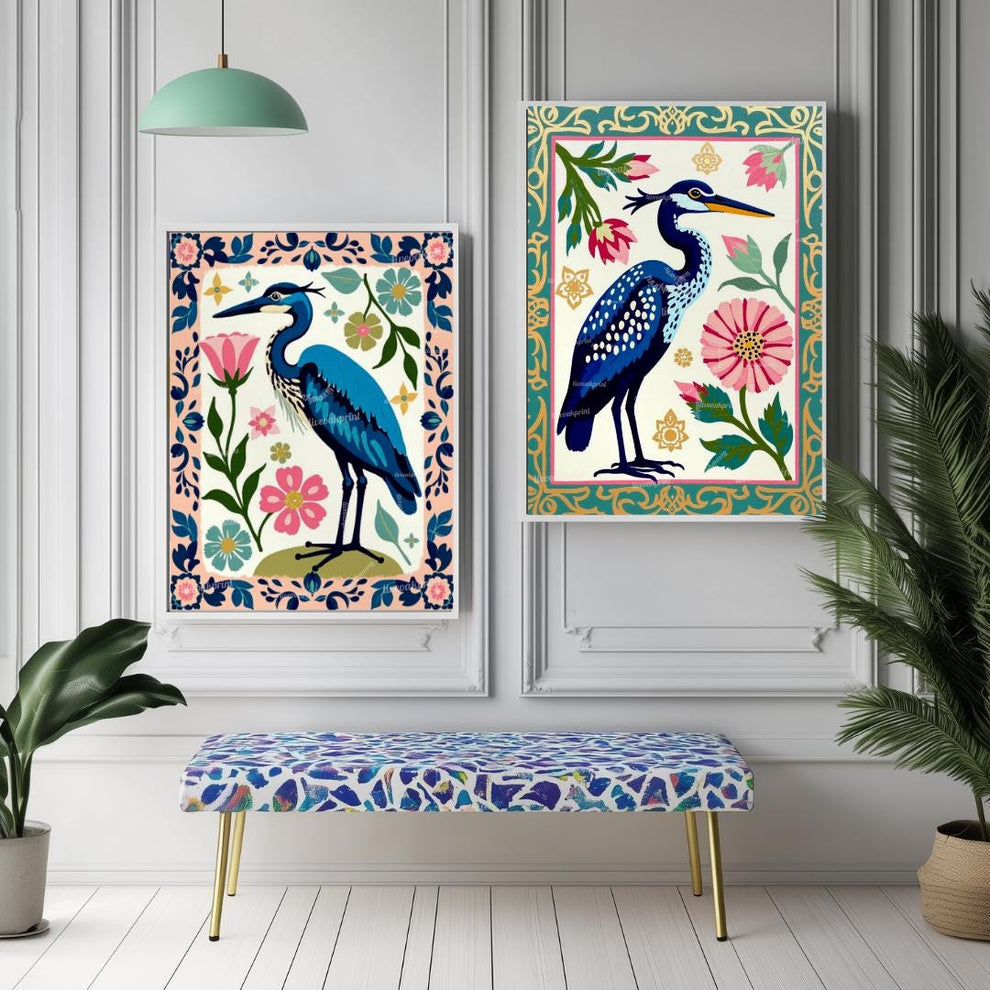 Cranes Wall Art Two Art Print Set - Blue Heron Wall Art Set of Two Canvas Framed or Unframed Boho Modern Japandi Prints