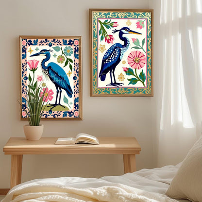 Cranes Wall Art Two Art Print Set - Blue Heron Wall Art Set of Two Canvas Framed or Unframed Boho Modern Japandi Prints