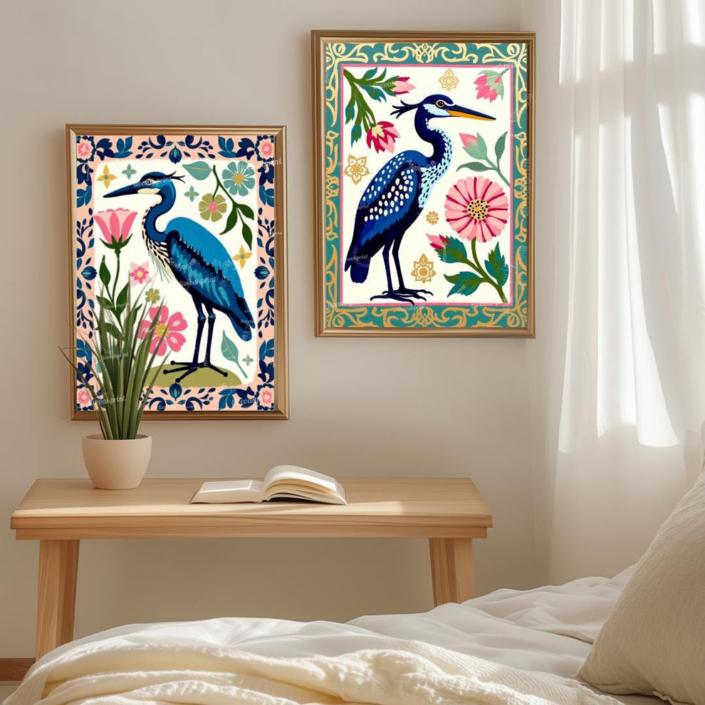 Cranes Wall Art Two Art Print Set - Blue Heron Wall Art Set of Two Canvas Framed or Unframed Boho Modern Japandi Prints