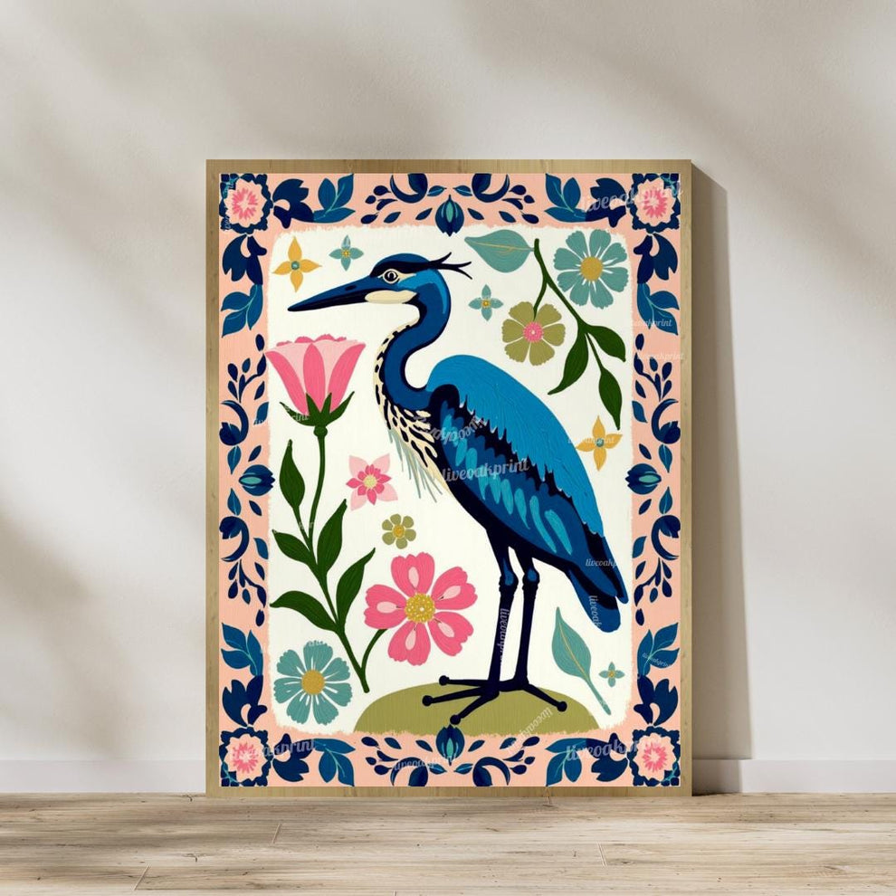 Cranes Wall Art Two Art Print Set - Blue Heron Wall Art Set of Two Canvas Framed or Unframed Boho Modern Japandi Prints