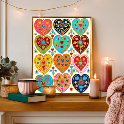 Folk Art Heart Wall Print – Colorful Sacred Hearts Artwork, Boho Gold Wall Art for Bedroom or Gallery Wall, Whimsical Romantic Decor