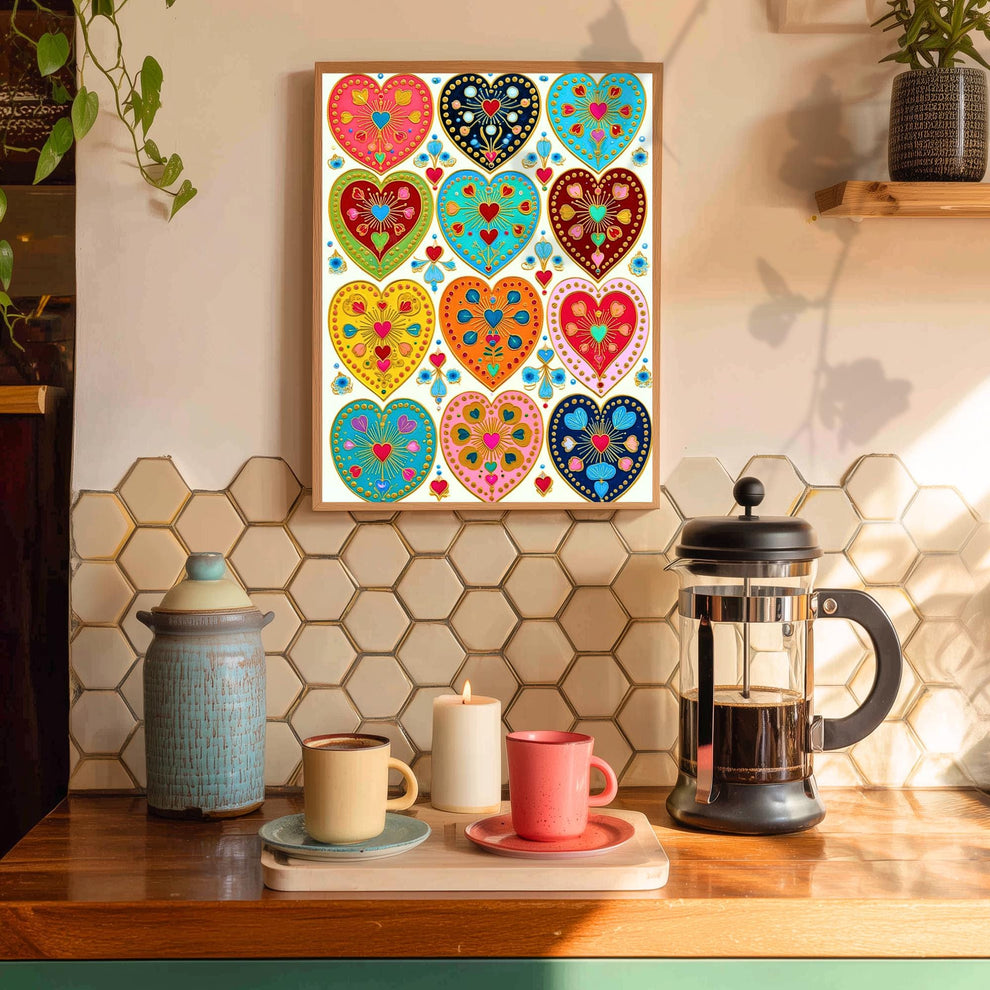 Folk Art Heart Wall Print – Colorful Sacred Hearts Artwork, Boho Gold Wall Art for Bedroom or Gallery Wall, Whimsical Romantic Decor