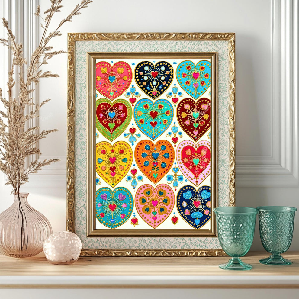 Folk Art Heart Wall Print – Colorful Sacred Hearts Artwork, Boho Gold Wall Art for Bedroom or Gallery Wall, Whimsical Romantic Decor