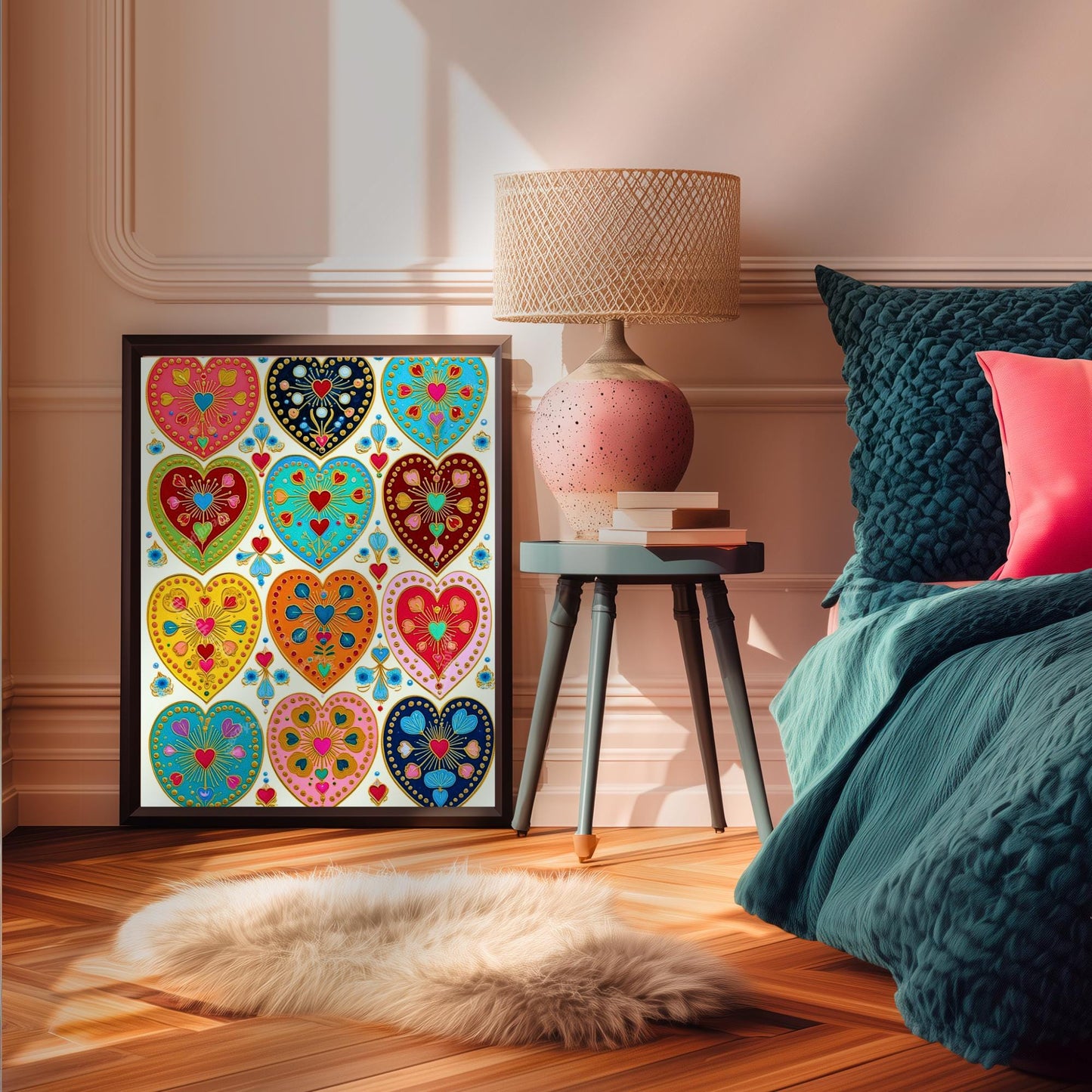 Folk Art Heart Wall Print – Colorful Sacred Hearts Artwork, Boho Gold Wall Art for Bedroom or Gallery Wall, Whimsical Romantic Decor