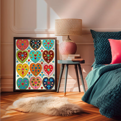 Folk Art Heart Wall Print – Colorful Sacred Hearts Artwork, Boho Gold Wall Art for Bedroom or Gallery Wall, Whimsical Romantic Decor