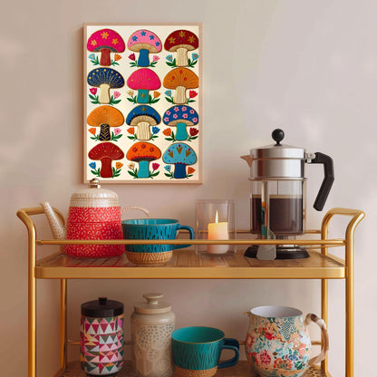 Boho Mushrooms Wall Print – Colorful Folk Wall Art Mushroom Gift Living Room Decor
