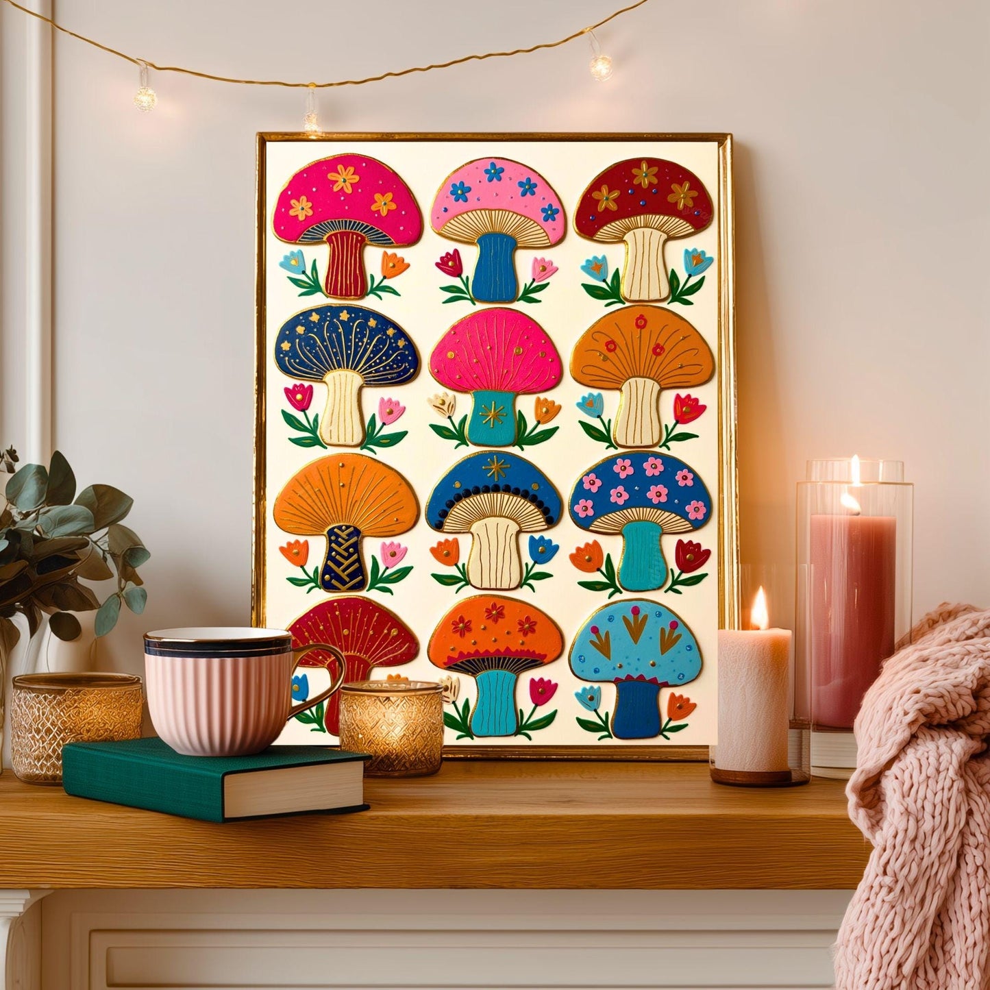 Boho Mushrooms Wall Print – Colorful Folk Wall Art Mushroom Gift Living Room Decor