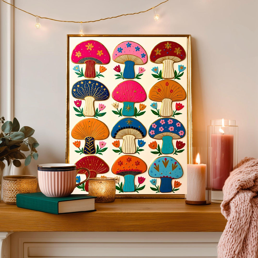 Boho Mushrooms Wall Print – Colorful Folk Wall Art Mushroom Gift Living Room Decor