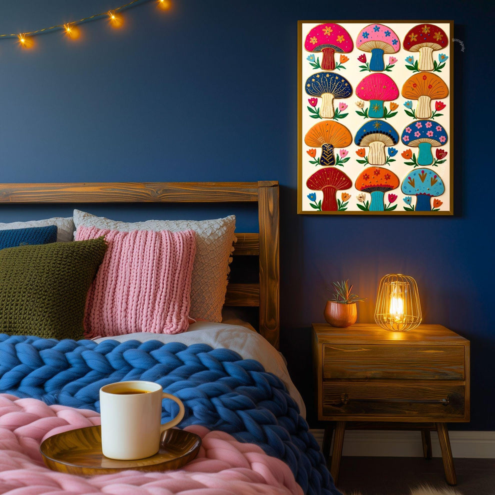 Boho Mushrooms Wall Print – Colorful Folk Wall Art Mushroom Gift Living Room Decor