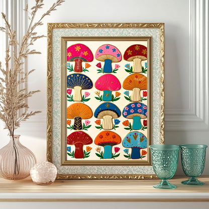 Boho Mushrooms Wall Print – Colorful Folk Wall Art Mushroom Gift Living Room Decor