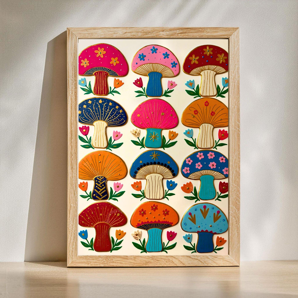 Boho Mushrooms Wall Print – Colorful Folk Wall Art Mushroom Gift Living Room Decor