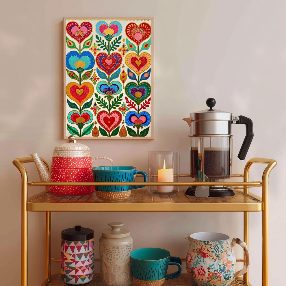 Folk Art Heart Wall Print – Colorful Scandi Artwork, Boho Gold Wall Art for Bedroom or Gallery Wall, Whimsical Romantic Decor