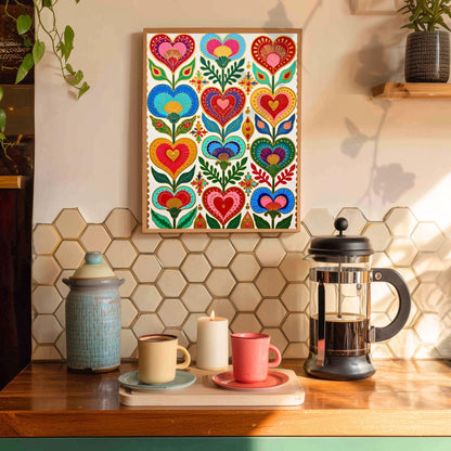 Folk Art Heart Wall Print – Colorful Scandi Artwork, Boho Gold Wall Art for Bedroom or Gallery Wall, Whimsical Romantic Decor
