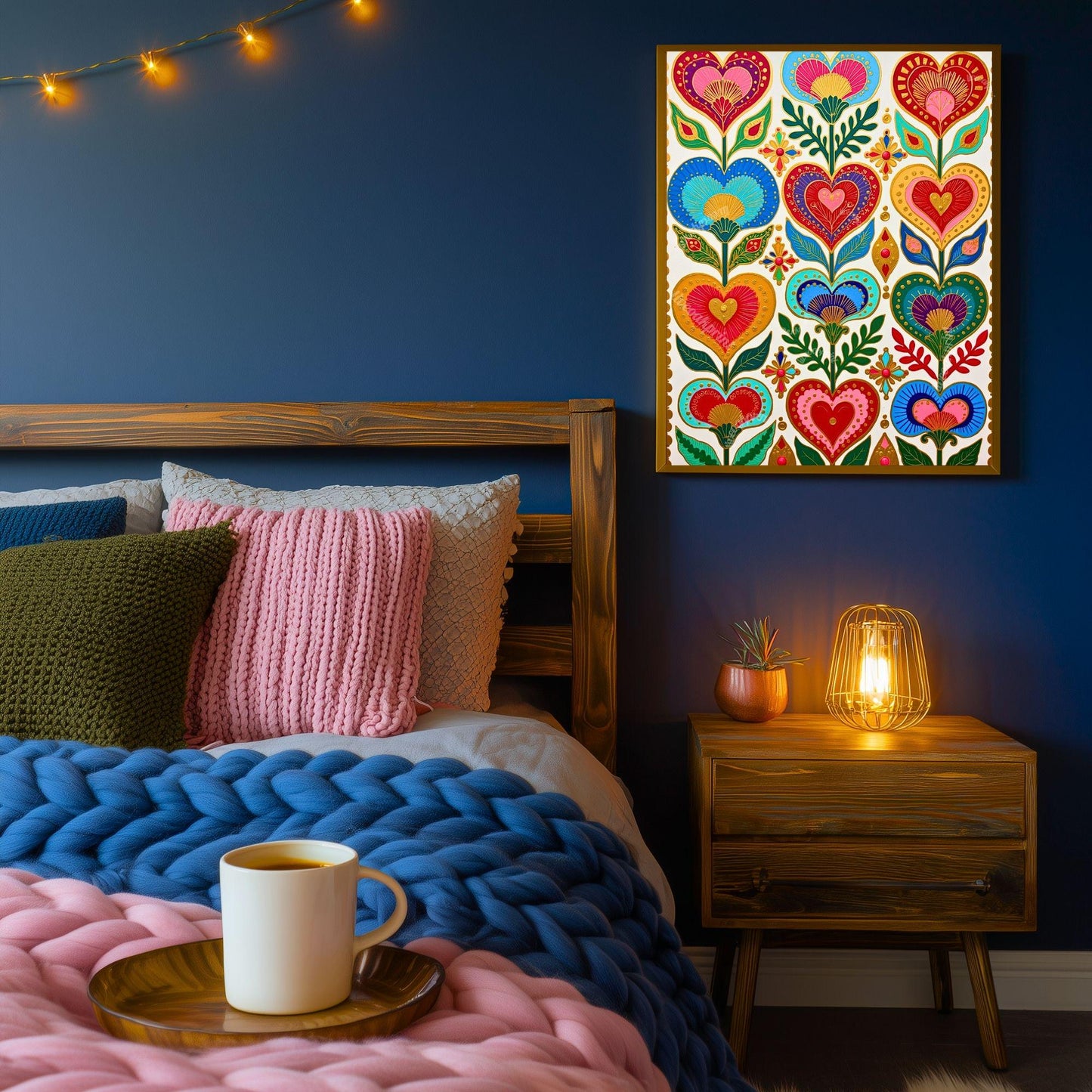Folk Art Heart Wall Print – Colorful Scandi Artwork, Boho Gold Wall Art for Bedroom or Gallery Wall, Whimsical Romantic Decor