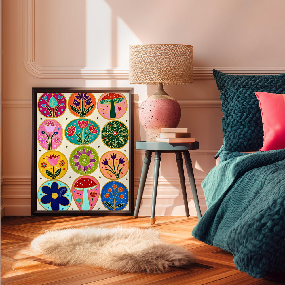 Cozy Forest Folk Wall Art - Colorful Boho Floral Decor For Bedroom Scandi Wall Decor Nordic Wall Art