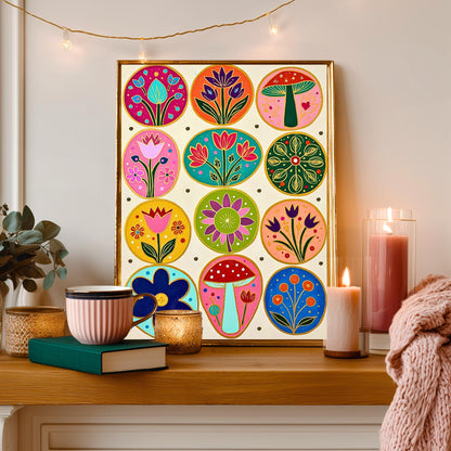 Cozy Forest Folk Wall Art - Colorful Boho Floral Decor For Bedroom Scandi Wall Decor Nordic Wall Art