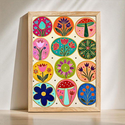 Cozy Forest Folk Wall Art - Colorful Boho Floral Decor For Bedroom Scandi Wall Decor Nordic Wall Art