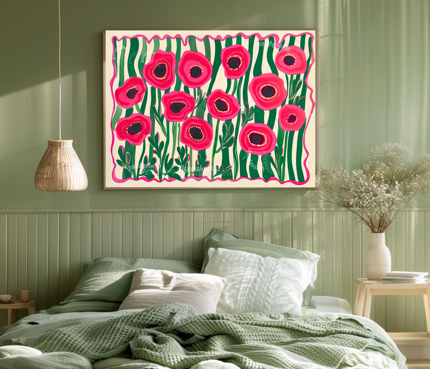 Red Poppies Horizontal Wall Art : Floral Landscape Print Over The Couch or Bedroom Art