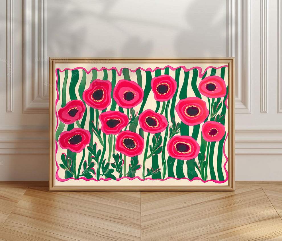 Red Poppies Horizontal Wall Art : Floral Landscape Print Over The Couch or Bedroom Art