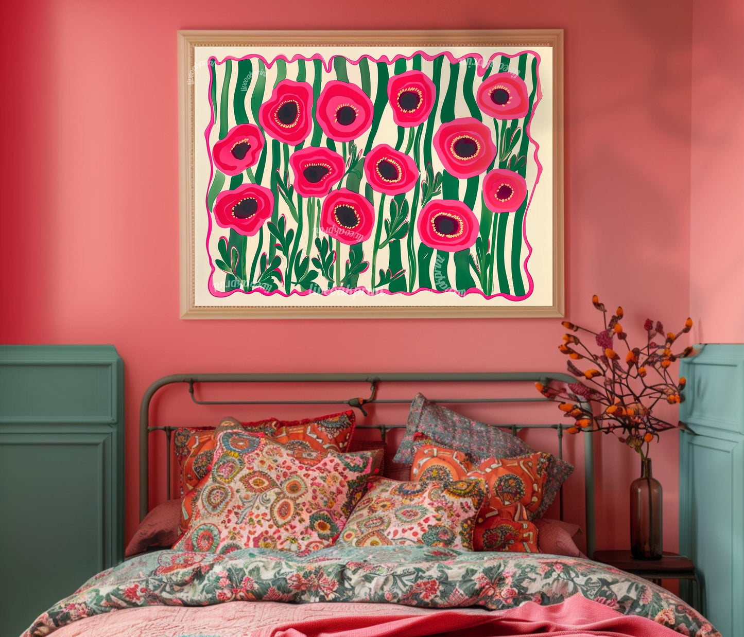 Red Poppies Horizontal Wall Art : Floral Landscape Print Over The Couch or Bedroom Art