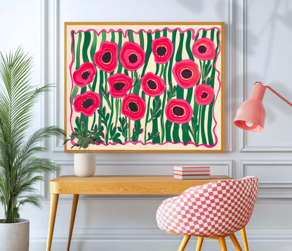 Red Poppies Horizontal Wall Art : Floral Landscape Print Over The Couch or Bedroom Art
