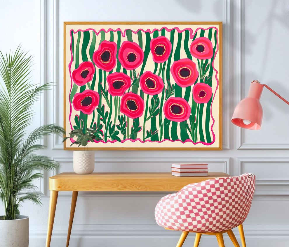 Red Poppies Horizontal Wall Art : Floral Landscape Print Over The Couch or Bedroom Art