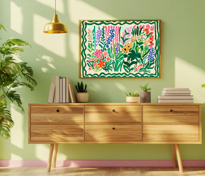 Green Maximalist Floral Wall Art: Colorful Horizontal Wall Decor Over Couch Art