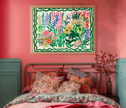 Green Maximalist Floral Wall Art: Colorful Horizontal Wall Decor Over Couch Art